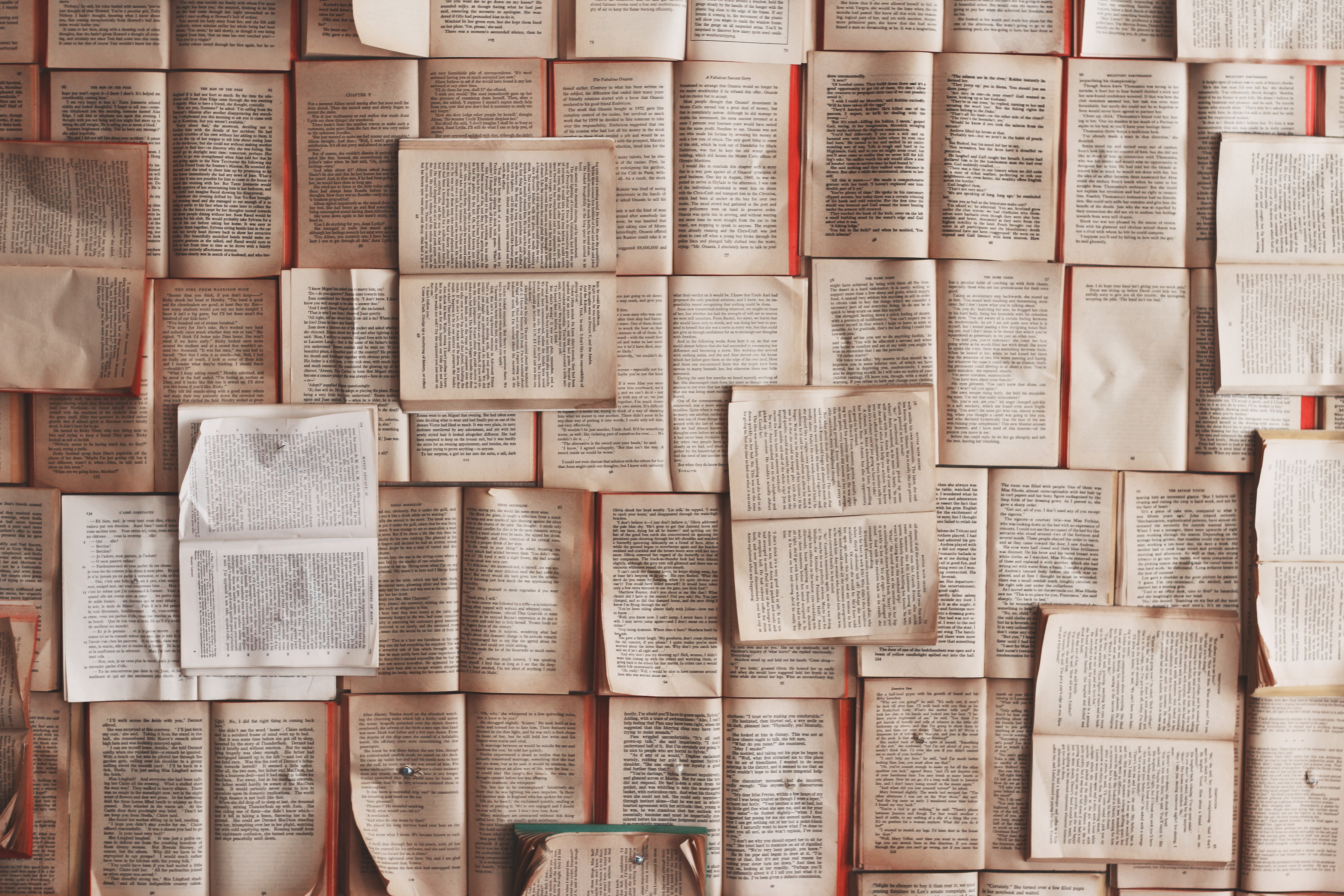 A photo of a lot open books, nicely aligned, taken at FIKA Cafe, Toronto, Canada