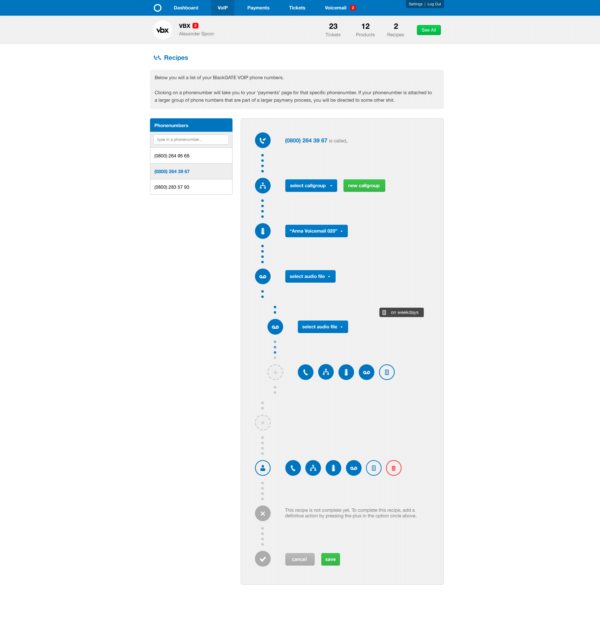 Recipe management for phone numbers