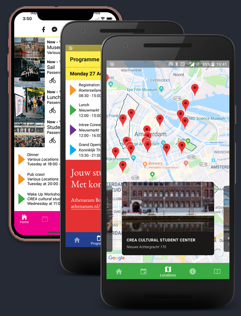 Phone screen showing a Google Maps image of the city center of Amsterdam with pins on certain locations. There is an overlay carousel with cards of these locations. Behind that a phone with partially visible programme. Behind that a partial home screen with current events