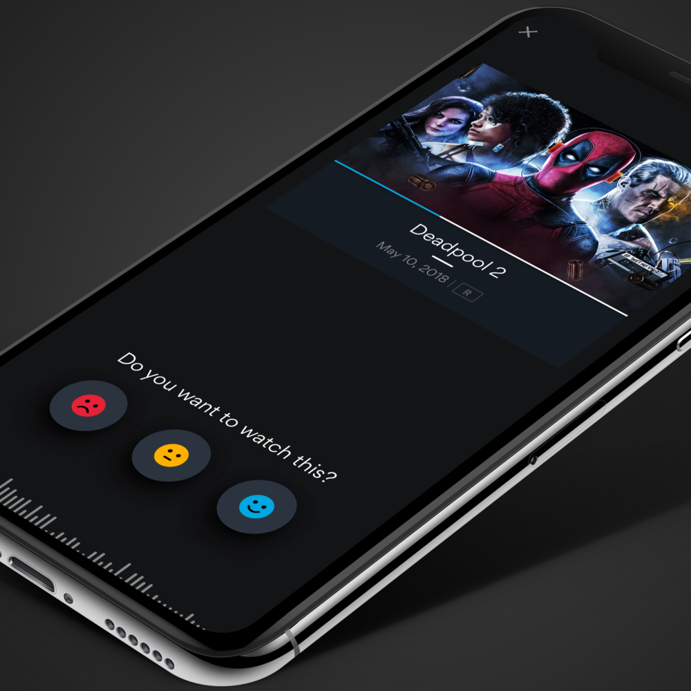 Phone screen showing a vote card of Deadpool 2 and the question 'Do you want to watch this?' with a positive, neutral and negative feedback button